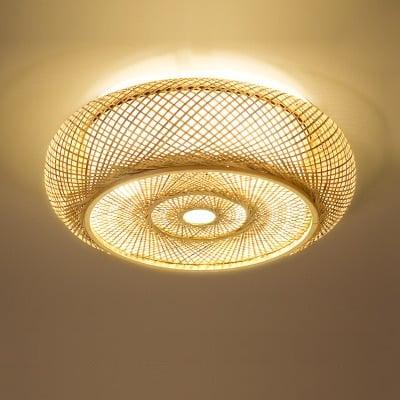 Wide round openwork pendant light hand woven in natural rattan