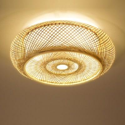 Wide round openwork pendant light hand woven in natural rattan