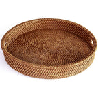 Round woven rattan serving tray with cut out handles