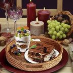 Round woven rattan serving tray with cut out handles