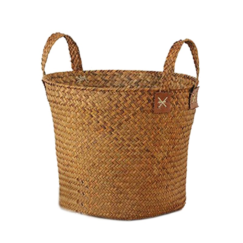 Round woven straw basket with two handles