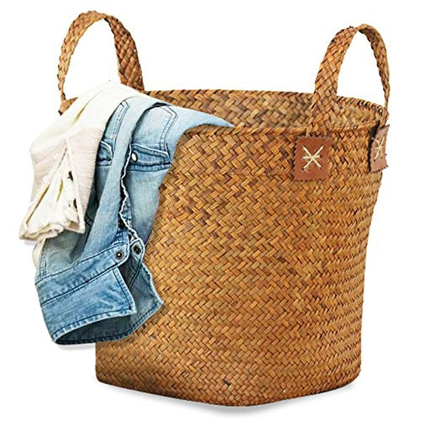 Round woven straw basket with two handles