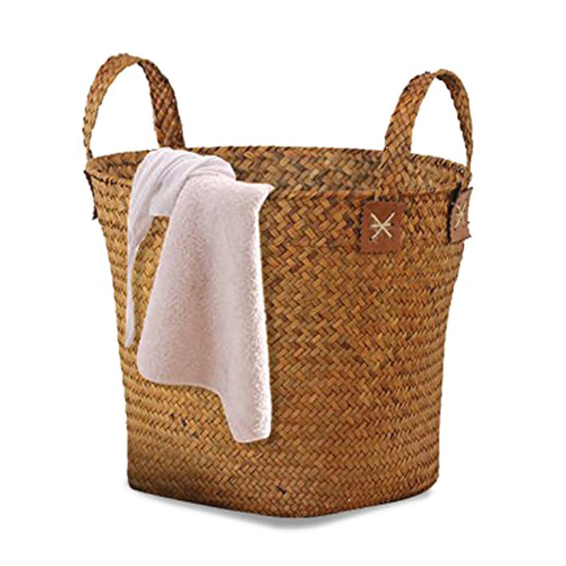 Round woven straw basket with two handles