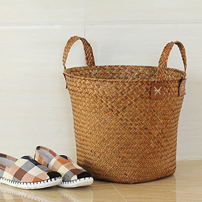 Round woven straw basket with two handles