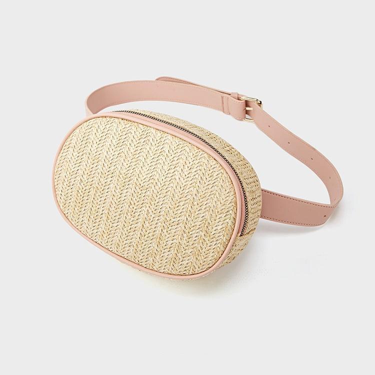 Round woven straw belt bag with an adjustable strap in four colors
