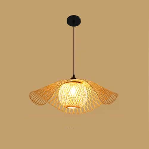 Ruffled flower shaped rattan pendant glowing warm