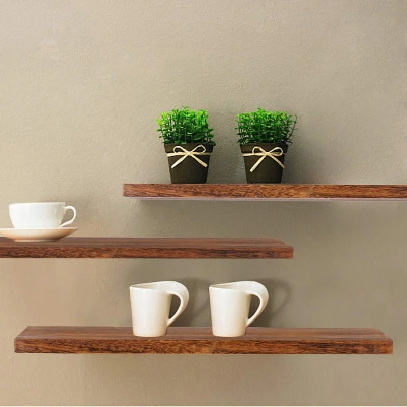 Rustic brown wood wall shelf with natural grain