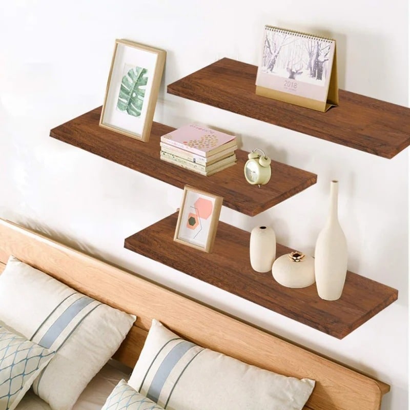 Rustic brown wood wall shelf with natural grain