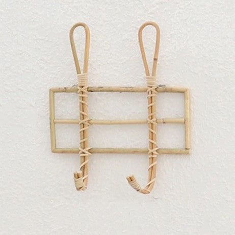 Rustic hand woven natural rattan wall hook with two hooks