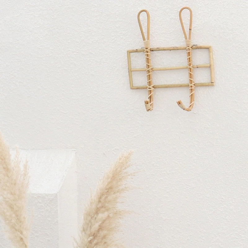 Rustic hand woven natural rattan wall hook with two hooks