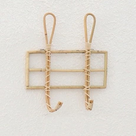 Rustic hand woven natural rattan wall hook with two hooks