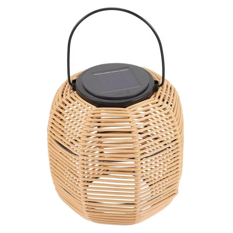 Rustic solar lantern with an iron frame and beige woven rattan panels