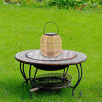 Rustic solar lantern with an iron frame and beige woven rattan panels