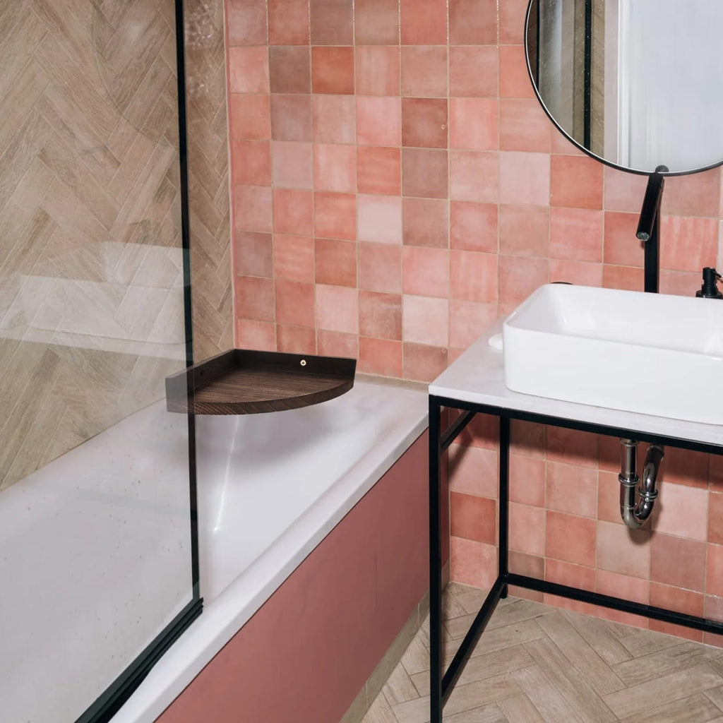 Rustic wood corner wall shelf in a bathroom