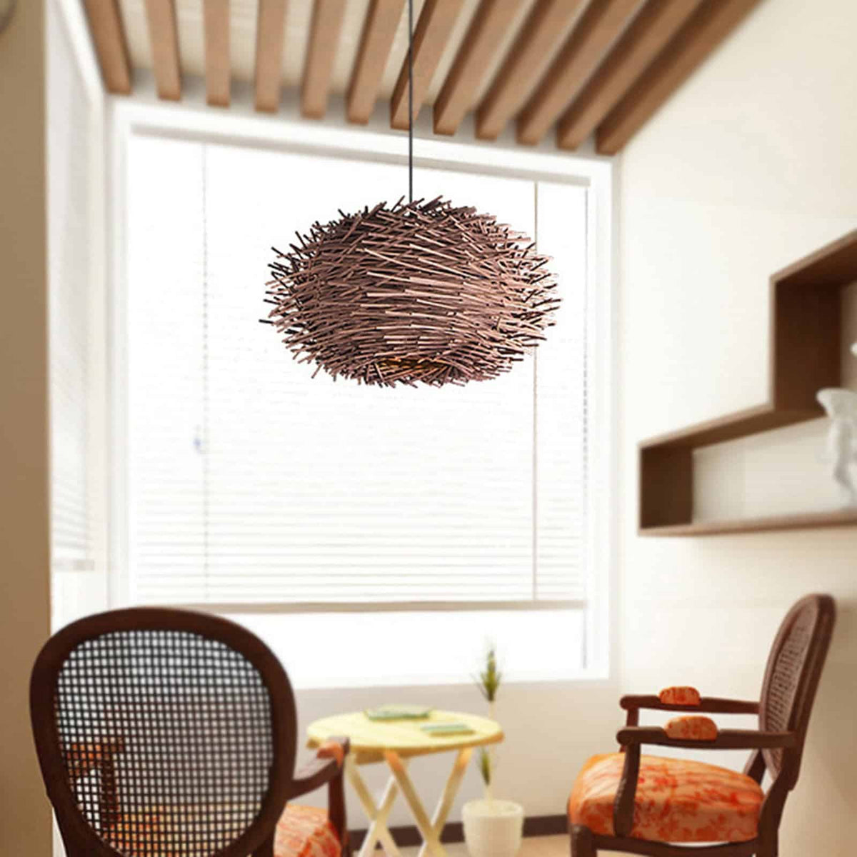 Round rustic hand woven rattan dome pendant light in brown or beige