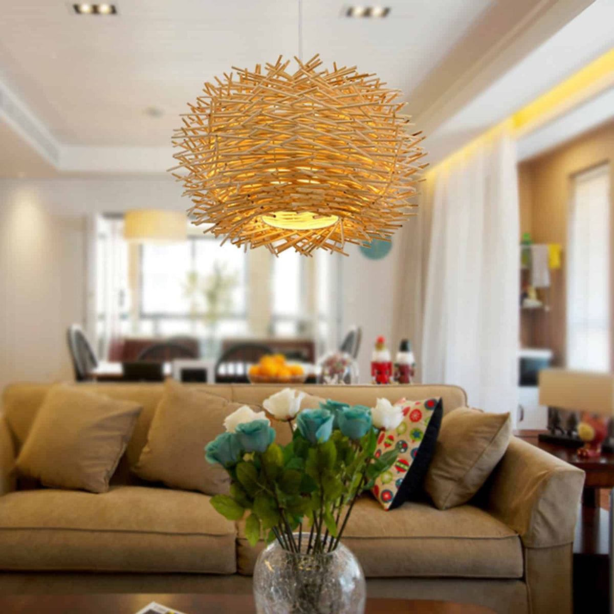 Round rustic hand woven rattan dome pendant light in brown or beige