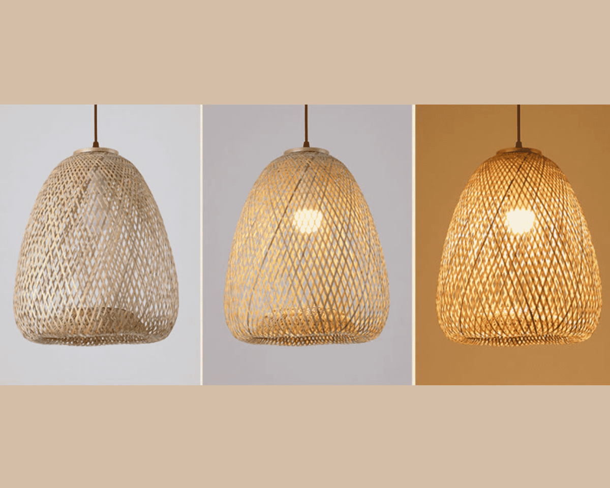 Rounded tulip shaped pendant light hand woven in natural rattan