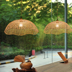 Two scalloped woven bamboo dome pendants at different heights