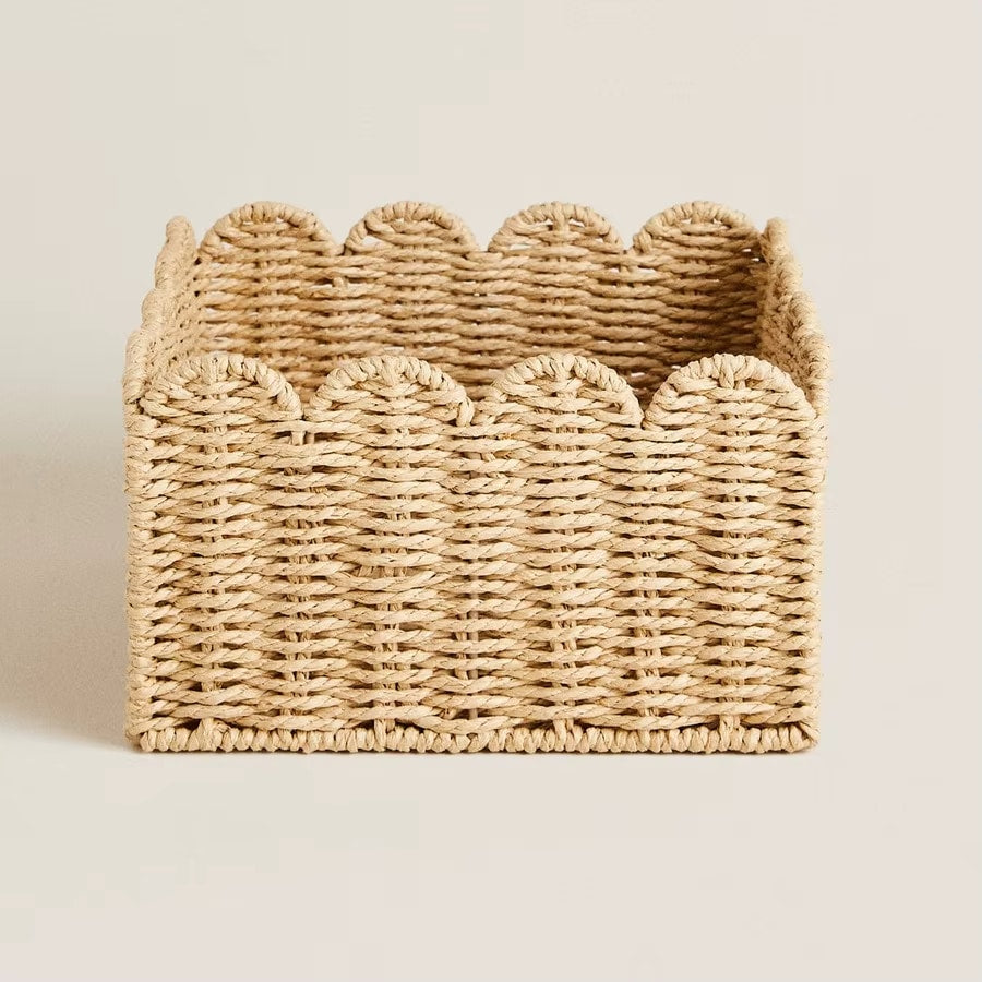Rectangular woven storage basket with scalloped top edge