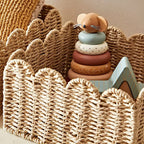 Rectangular woven storage basket with scalloped top edge