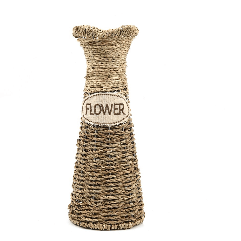 Woven seagrass vase with ruffled rim and Flower label