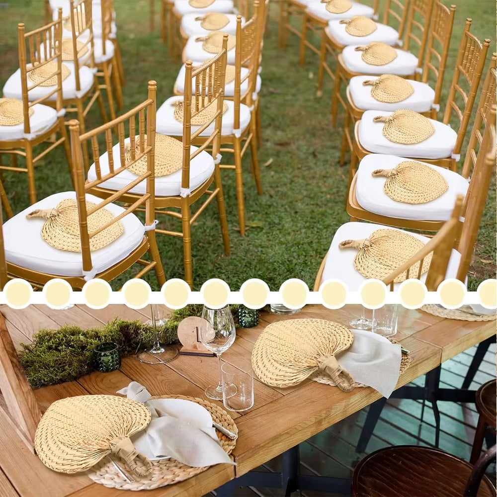 Heart shaped woven hand fans with loop handles set on chairs for a garden wedding