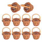 Tiny handwoven basket with handle held between fingers