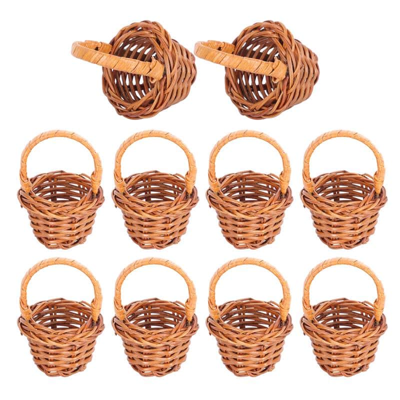 Tiny handwoven basket with handle held between fingers