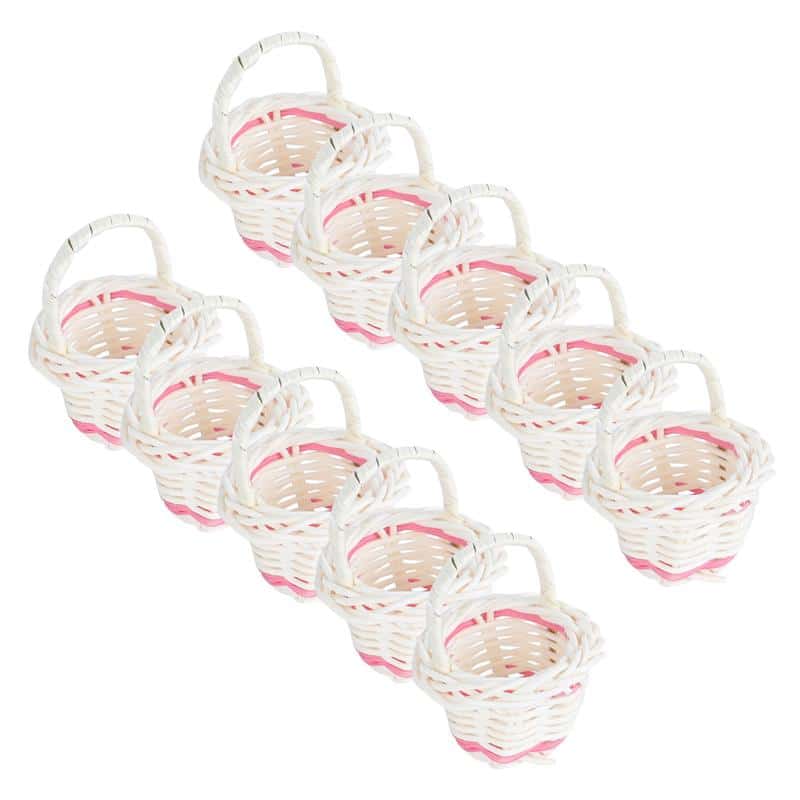 Tiny handwoven basket with handle held between fingers