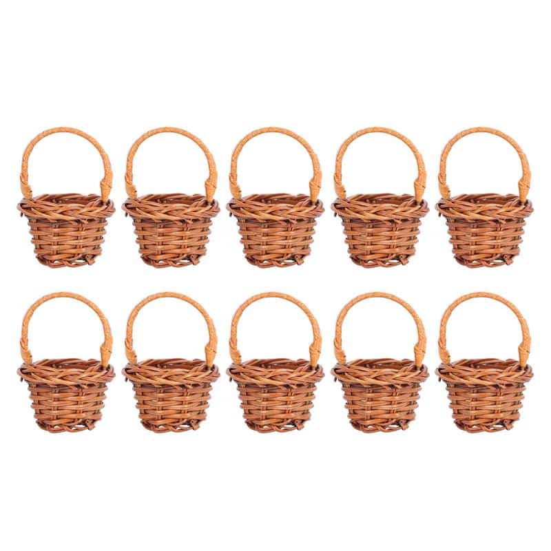 Tiny handwoven basket with handle held between fingers