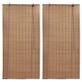 Two matching brown bamboo roll up blinds with cords and top brackets