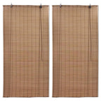 Two matching brown bamboo roll up blinds with cords and top brackets