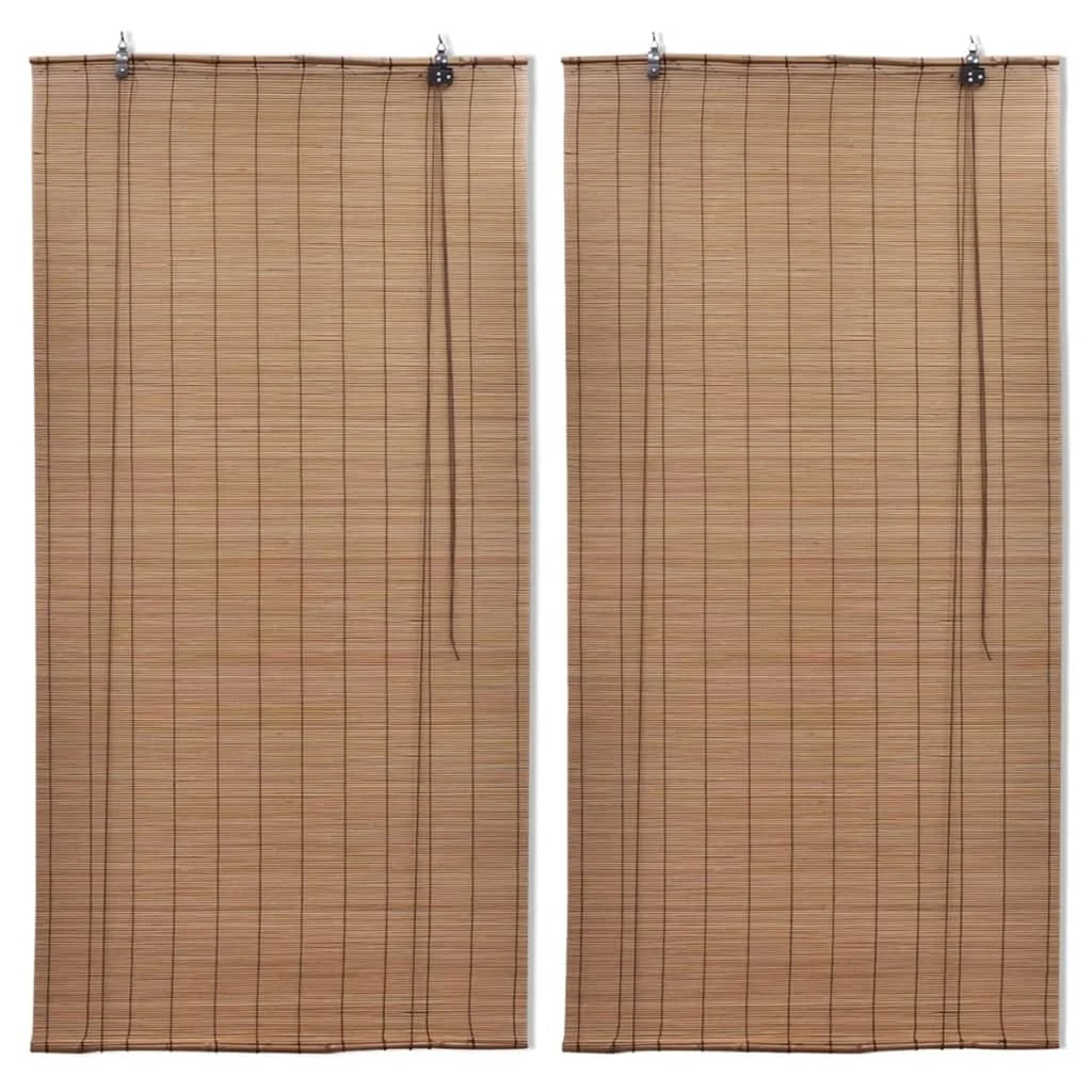 Two matching brown bamboo roll up blinds with cords and top brackets
