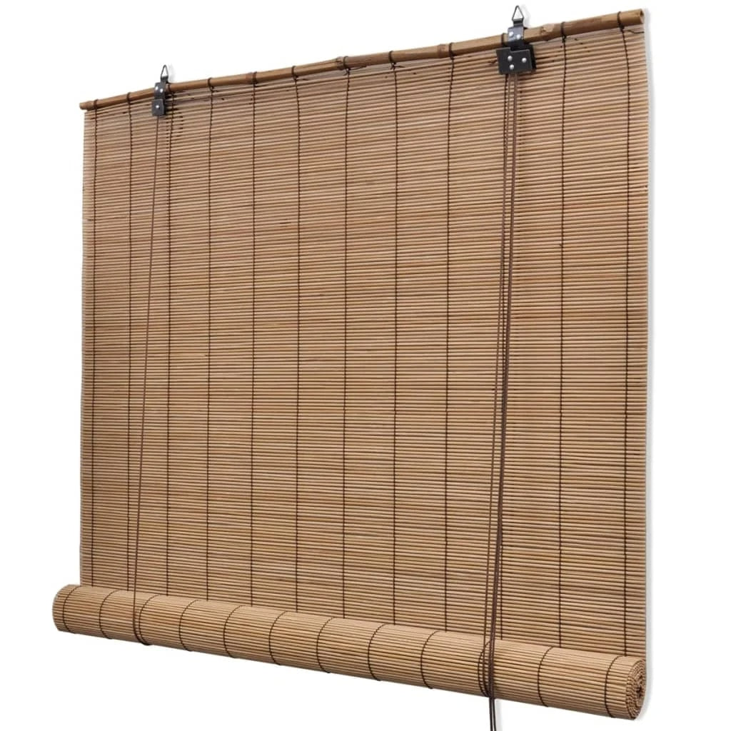 Two matching brown bamboo roll up blinds with cords and top brackets