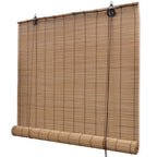 Two matching brown bamboo roll up blinds with cords and top brackets