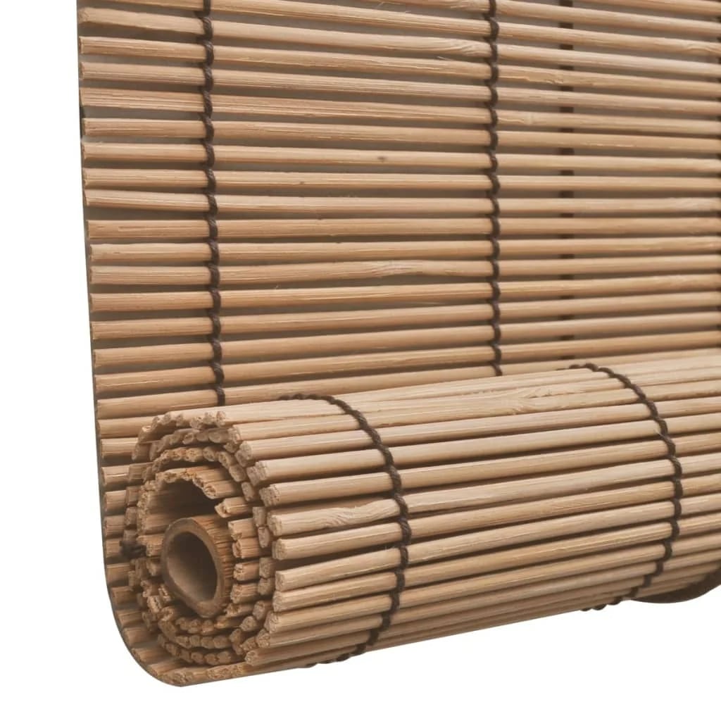 Two matching brown bamboo roll up blinds with cords and top brackets