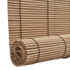Two matching brown bamboo roll up blinds with cords and top brackets
