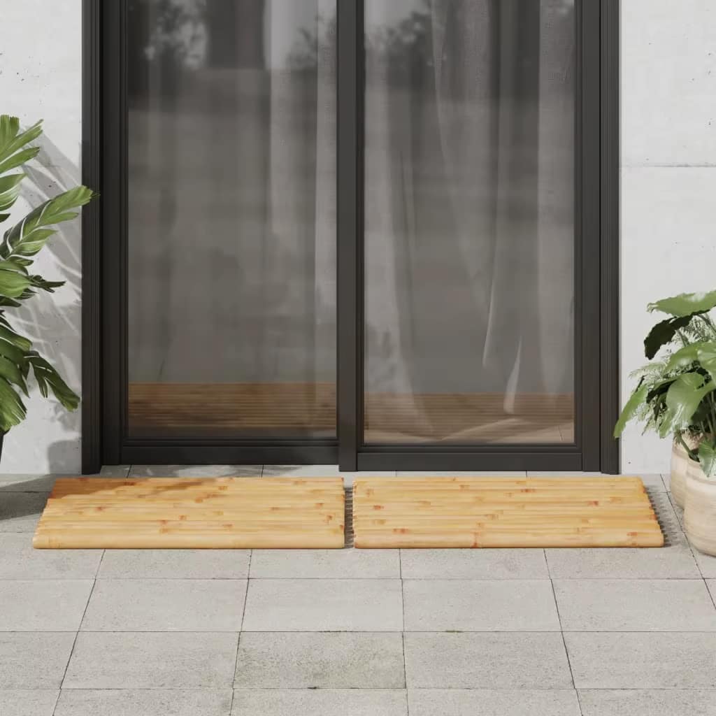 Two natural bamboo slatted bath mats