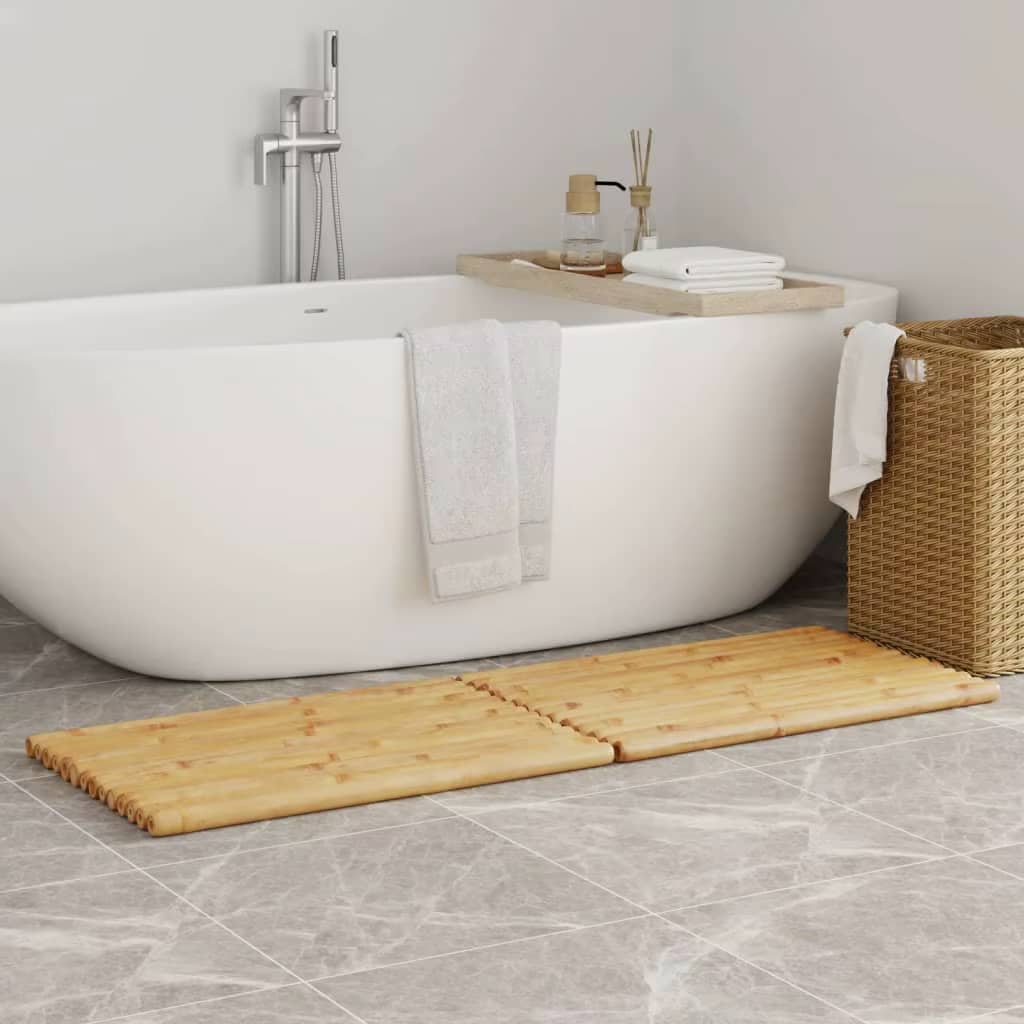 Two natural bamboo slatted bath mats