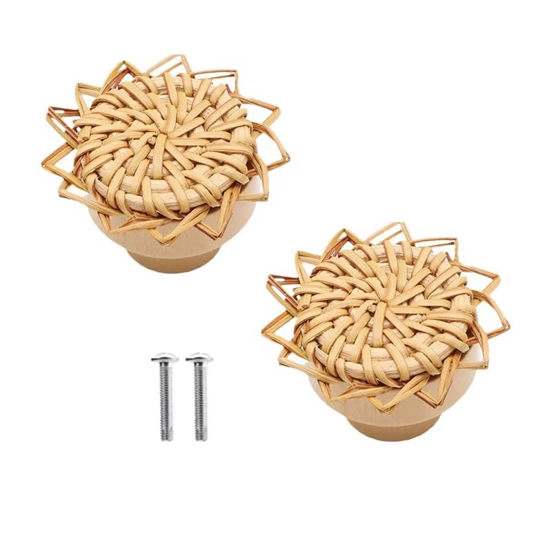 Two small flower shaped hand woven rattan furniture knobs