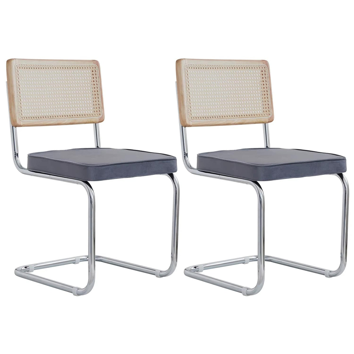 Two modern dining chairs with hand woven wicker, metal legs and padded seats