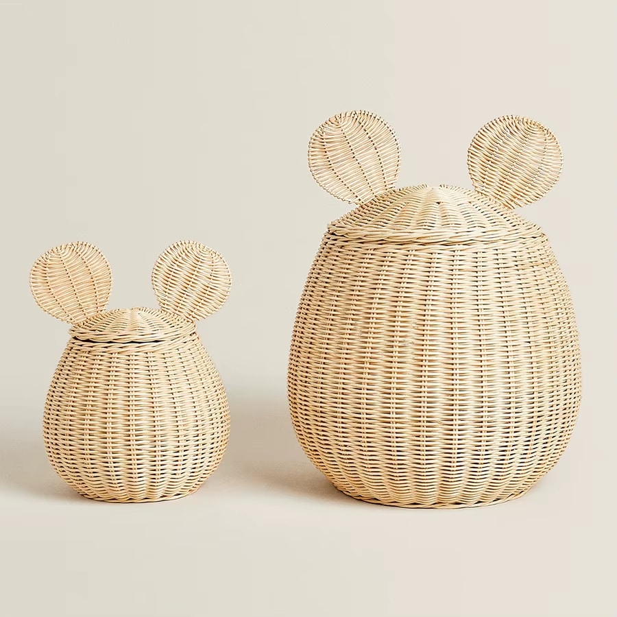 Two lidded rattan storage baskets shaped like mice with round ears