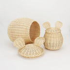 Two lidded rattan storage baskets shaped like mice with round ears