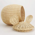 Two lidded rattan storage baskets shaped like mice with round ears