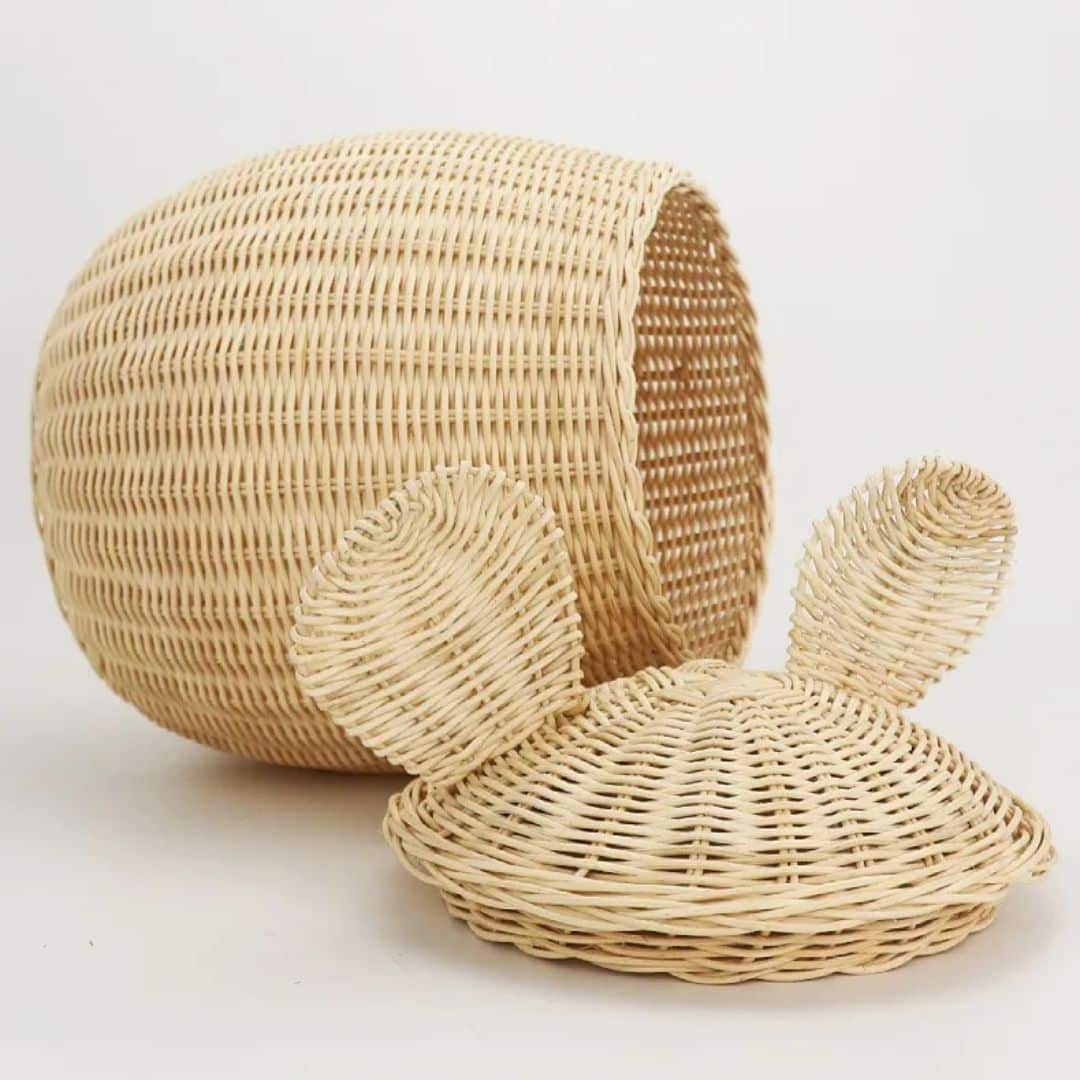 Two lidded rattan storage baskets shaped like mice with round ears