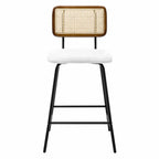 Two rattan look bar stools with woven backs and padded chenille seats