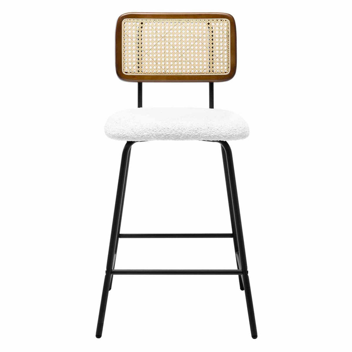 Two rattan look bar stools with woven backs and padded chenille seats