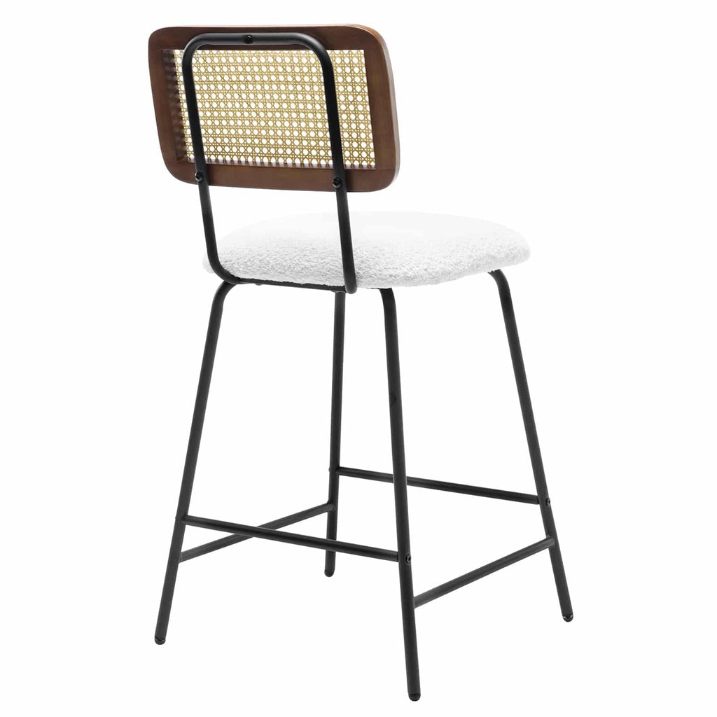 Two rattan look bar stools with woven backs and padded chenille seats