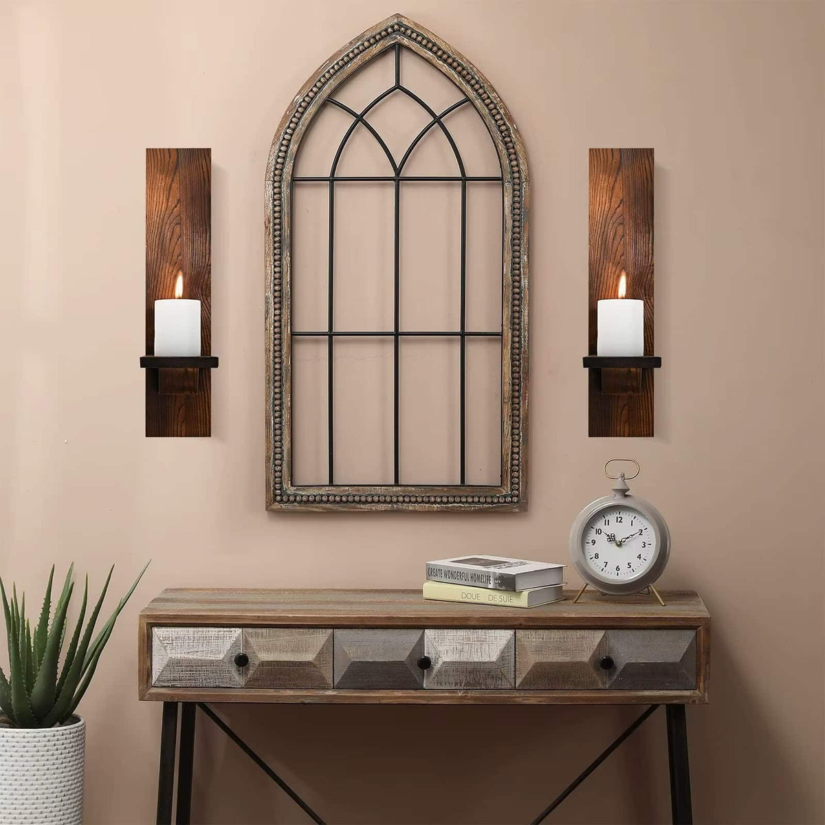Two vintage brown wood wall brackets