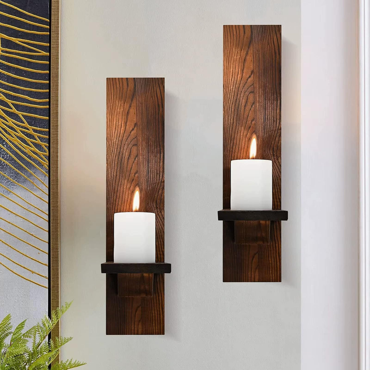 Two vintage brown wood wall brackets